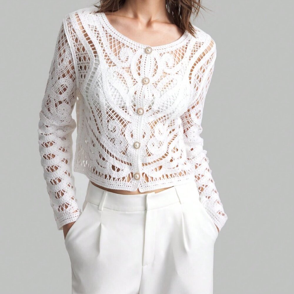 White Casual Women's Crew Neck Long Sleeve Sheer Front Button Up Blouse